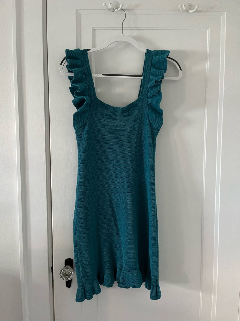 Anthropologie Teal Ruffle-Trim Knit Mini Dress